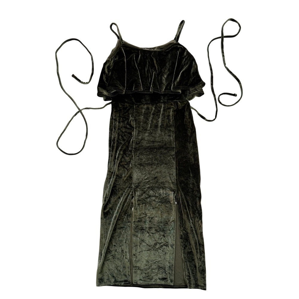 Boohoo Forest Green Velvet Ruffle Midi Dress Double Slit Waist Tie Size 4